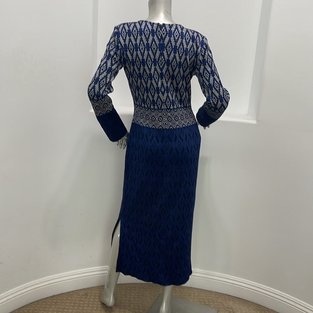 St. John Evening Diamond Jacquard Knit Maxi Dress Navy Blue Silver Long Sleeve 4 - Picture 6 of 14